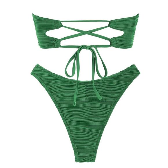 Zaful Womens Swimsuit Strapless Bikini Green High Waist Medium Two Piece Cheeky - Picture 5 of 11